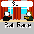 Pixel art animation of two figures in a room with red curtains and blue windows, exchanging dialogue about a 'Rat Race' and swimming in Pepto-Bismol.