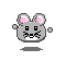 Pixelated gray mouse head with pink inner ears, black eyes, white mouth area, and whiskers; six variations show eye/wink changes and bubble positions.