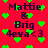 Red background with dark purple text reading "Mattie & Brig 4eva<3" and scattered green pixelated hearts.