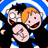 Two identical cartoon characters with black hair and orange hair, wearing black shirts with blue accents, standing side-by-side with arms raised and open mouths.
