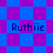 Blue and purple pixelated background with four instances of the text 'Ruthie' in dark blue, arranged in a pattern