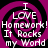 Four identical display a purple and black spiral background with white text reading "I LOVE Homework! It Rocks my World" in a pixelated font