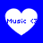 Four white heart-shaped icons on a blue background, each containing 'Music' text and a blue musical note symbol, with one icon showing a different note symbol.