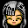 Pixelated character with gray hair and green-brown eyes, two versions showing different eye states against black background.