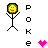 Pixelated icon of a yellow smiling face on a black stick figure with arms raised, next to vertical text 'POKE' and a pink heart.