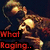 Animated pixel art of a character with long hair holding a skull, with text overlays changing from 'What Raging..' to '????????' and 'Frie Shall Flood the soul?' against a fiery background.