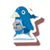Pixelated blue cartoon character holding a guitar and standing on an open book with musical notes, static single-frame image.