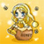Pixelated character with long blonde hair and blue eyes holding a brown pot against a yellow background with scattered light spots.
