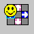 Yellow smiley face with black eyes and red mouth moves across of gray, pink, blue showing white arrows