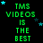 Green pixelated text 'TMS VIDEOS IS THE BEST' repeats in a pattern with scattered blue stars on black background, one gray rectangle visible