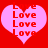 Two pink heart shapes on a red background, each filled with vertical red text reading "Love" four times.
