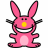 Pixelated pink bunny mascot with yellow nose, black eyes, and wide grin holding two checkered sticks against white background.