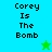 Pixelated text 'Corey Is The Bomb' on split background with green and blue stars, animated star color change.
