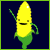 Pixelated yellow corn character with green husk, smiling face, and one arm raised against dark blue background.