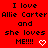 Red background with repeated black text 'I love Allie Carter and she loves ME!!!!' and white heart symbols in pixelated style.