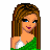 Pixelated cartoon character in green and white outfit with long brown hair, paired with a partial view of another figure's torso and legs on the right side.