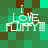 Pixelated green and brown checkered background with white text reading "I LOVE PUFFY!!!" in four identical arranged in a