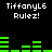 Pixelated green audio bars and repeated white text 'TiffanyL6 Rulez!' on a black background, with visible animation changes in bar heights across observations.