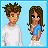 Pixel art animation of two characters with brown hair against a light blue background, showing sequential text bubbles and pose changes.
