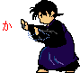 Pixel art character in traditional Japanese attire holding a weapon, with red text and blue particle effects changing across six