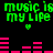 Green pixelated text 'music is my life' repeated twice with small green hearts below, pink audio equalizer bars on black background, animated equalizer bars shift horizontally.