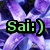 Green pixelated text 'Sai:)' on black background with purple and blue abstract pixelated backdrop.