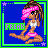 Pixel art contact sheet showing two animated frames of a cartoon woman with pink headband and swimsuit posing against blue background with green border.