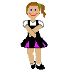 Pixelated cartoon girl in black and pink cheerleading outfit with white shirt, performing various poses including crossed arms, arms outstretched, and split, on gray background.