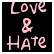 Static image with pink text 'Love & Hate' on a black background, rendered in pixelated style.