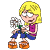 Pixelated cartoon girl with blonde hair, purple top, blue pants, orange shoes holding dandelion in various poses.