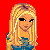 Pixel art contact sheet showing three frames of a blonde female character in blue top and jeans with text elements on red background