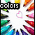 Animated icon with radiating colored shapes and text overlays, transitioning from vibrant colors to grayscale while maintaining central color accents.