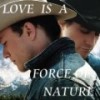 Two people in cowboy hats stand close together against a blurred outdoor background with text overlay reading "LOVE IS A FORCE NATURE".