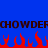 Blue background with repeating dark brown text 'CHOWDER' and red pixelated flame shapes below the text.