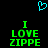 A pixelated cyan heart symbol floats above two identical green text blocks reading 'I LOVE ZIPPE' on a black background.