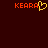 Red pixelated text 'KEARA' with a yellow heart symbol replacing the letter A on left, and identical red text on right against dark brown background.