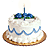 Pixelated birthday cake icon with blue icing swirls, a single candle, and fruit toppings on white frosting.