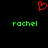 Red pixelated heart symbol above two green 'rachel' text instances on black background.