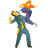 Pixelated figure in teal jumpsuit with yellow accents holds glowing orange object, standing against gray background with orange star above head.