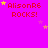 A bright pink background displays repeated red text 'AlisonR6 ROCKS!' with scattered yellow and purple stars, some of which move across the frame.
