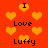 Red background with orange pixelated hearts and black text reading "I Love Luffy" in a pattern