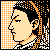 Pixel art profile icon of a person's side profile with black hair, orange and white checkered background, and pixelated dithering effects.