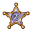 Pixel art sheriff star with gold border, purple center, and white text 'PUI' on gray background.