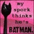 A split-screen buddy icon with a pink left showing a black fork and text, and a purple right with a bat symbol and layered text