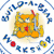 A pixelated orange cat-like character with blue eyes and red nose holds a sword, surrounded by blue text on white background.