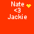 Red background with white text 'Nate', '<3', and 'Jackie' in four ; yellow heart or starburst symbols animate near 'Nate'
