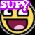 Six yellow circular emoji faces with wide grins and white eyes, each with 'SUP?' text in different colors above or below them on a black background.