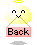 A 2x2 contact sheet of four animated frames showing a yellow angelic character with wings and halo holding crossed sticks, each frame displaying the word "Back" on a pink sign below.