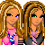 Pixel art contact sheet showing two cartoon female characters with long brown hair and distinct outfits, accompanied by text about friendship.