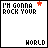 A 4x3 contact sheet of 12 animated frames showing a pixelated text-based icon with "I'M GONNA ROCK YOUR WORLD" and color-coded stars changing position across frames.
